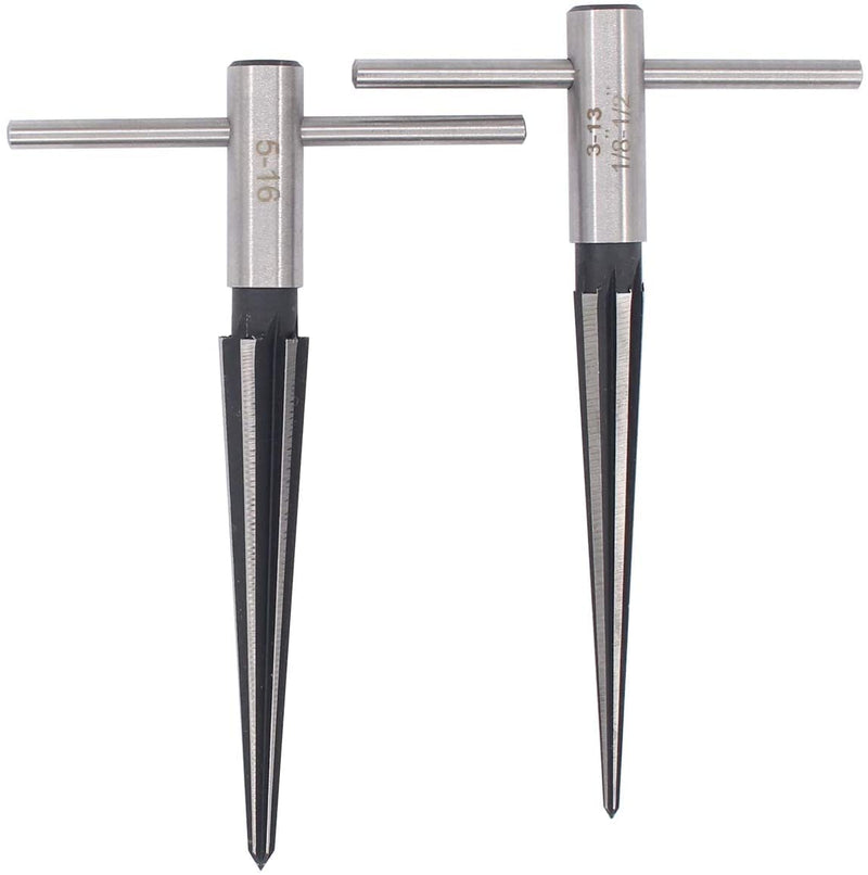 Faneta T Handle Taper Reamer Set 3-13mm(1/8''-1/2'') & 5-16mm(½"-5/8") Bridge Pin Hole Hand Held Tapered Reamers 6 Fluted Chamfer Reaming Guitar Woodworker Luthier Tool (Set of 2)