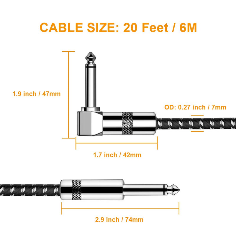 [AUSTRALIA] - Guitar Cable 20FT Right Angle 1/4 Inch TS to Straight 1/4 Inch TS Electric Instrument Cable Bass Audio Cord for Electric Guitar, Bass, Keyboard, Amplifier, Pro Audio 