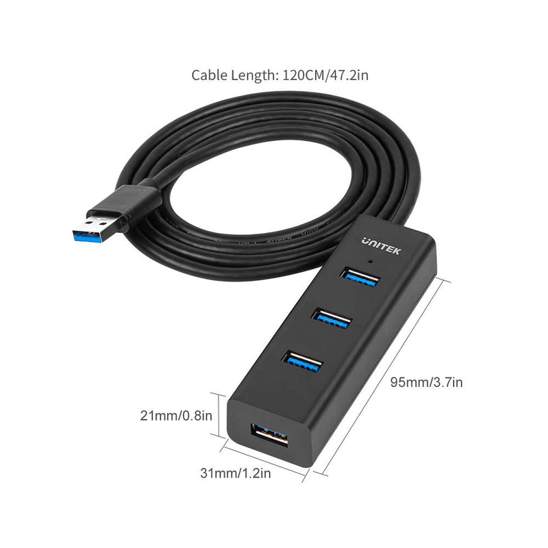 Unitek 4-Port USB 3.0 Hub Long Cable 48-inch with Micro USB Charging Port, Fast Data Transfer USB Hub Extender Extension Connector Compatible Windows PC, Mac, Surface Pro, Laptop, Printer, 4FT - Black