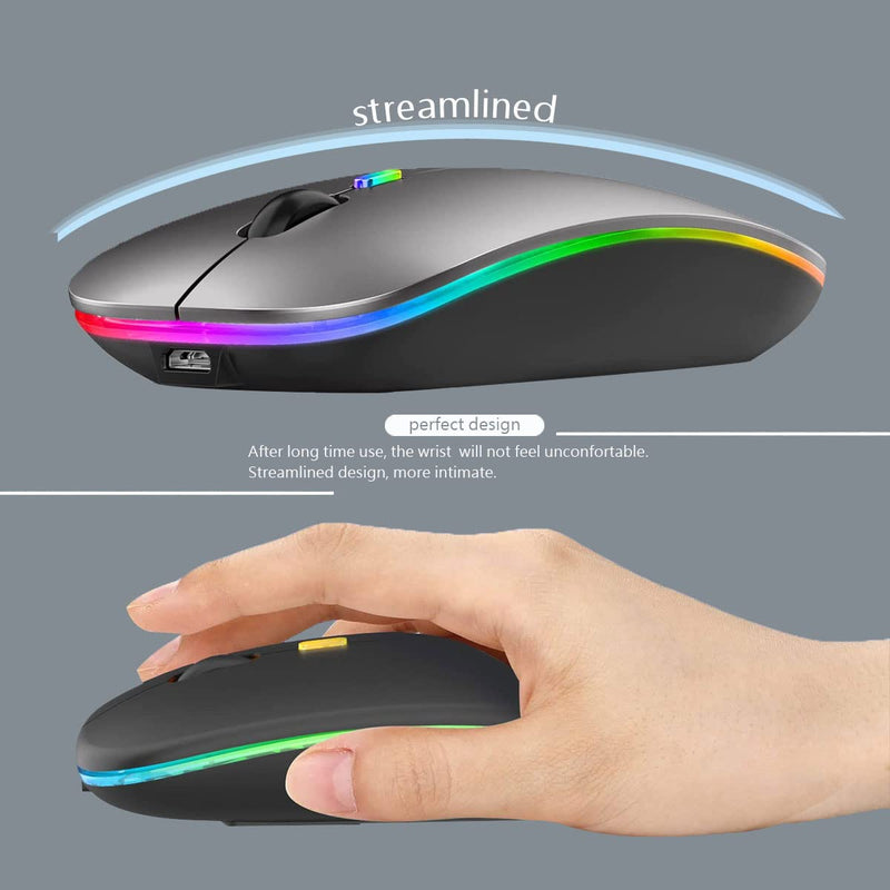 Wireless Bluetooth Mouse,LED Rechargeable Slim Silent Laptop Mouse,Portable(BT5.2+USB Receiver)Dual Mode Computer Mice,Quick Precise Responsiveness Control Laptop,Desktop Computer,Tablet,phone.(Grey) Grey
