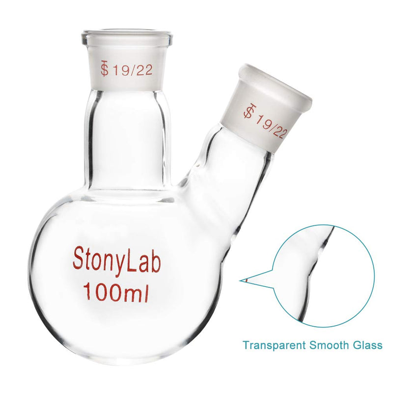 StonyLab Glass 100ml Heavy Wall 2 Neck Round Bottom Flask RBF, with 19/22 Center and Side Standard Taper Outer Joint - 100mL 100 ml