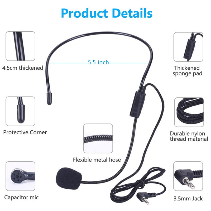 2Pcs Microphone Headset Mic, Flexible Wired Boom for Voice Amplifier, 3.5mm Connector Jack Headset Microphone for Singing, Speaking, Teachers, Coaches, Presentations, Seniors and More