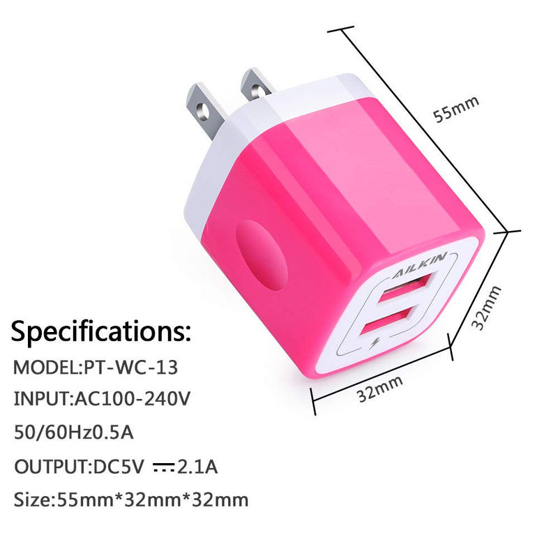 Fast USB Plug, 3Pack AILKIN USB Wall Charger 2.1A/5V Dual Charger Adapter Power Station Cube Plug Phone Charging Boxed Block Base Brick for iPhone 13 12 Pro, iPad, Samsung Galaxy, LG, Moto Handset Pink