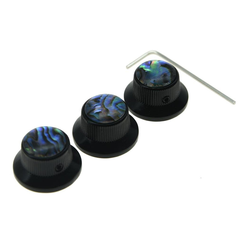 KAISH Set of 3 Set Screw Abalone Top Black Guitar Bass Knobs Strat Metal Knobs for 6mm Shaft Pots