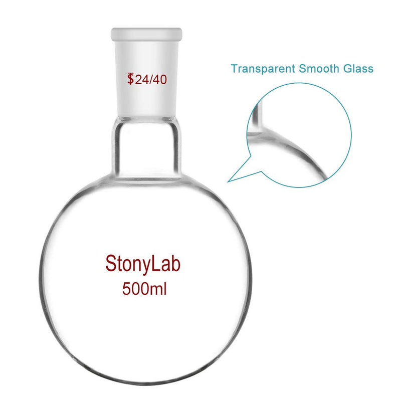 StonyLab Glass 500ml Heavy Wall Single Neck 1 Neck Round Bottom Flask RBF, with 24/40 Standard Taper Outer Joint – 500ml 500 ml