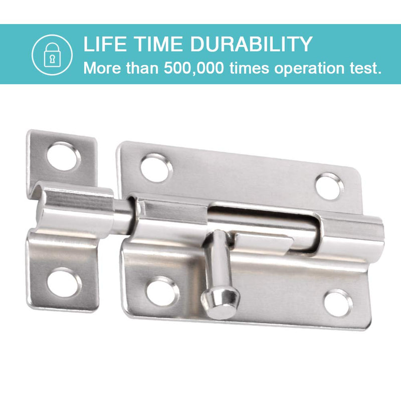 Door Security Slide Latch Lock, 3 inch Barrel Bolt with Solid Heavy Duty Steel to Keep You Safe and Private, Brushed Nickle Finish Door Latch Sliding Lock with 12 Screws (Silver- 2 Pack) Silver- 2 Pack