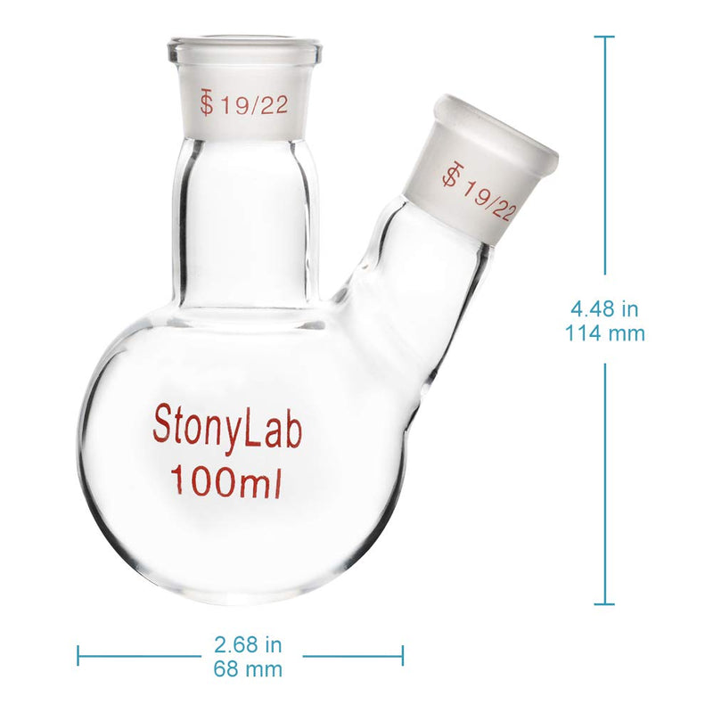 StonyLab Glass 100ml Heavy Wall 2 Neck Round Bottom Flask RBF, with 19/22 Center and Side Standard Taper Outer Joint - 100mL 100 ml