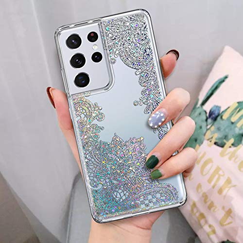 Coolwee Clear Glitter for Galaxy S21 Ultra Case Thin Flower Slim Cute Crystal Lace Bling Women Girl Floral Plastic Hard Back Soft TPU Bumper Protective Cover for Samsung Galaxy S21 Ultra Mandala Henna