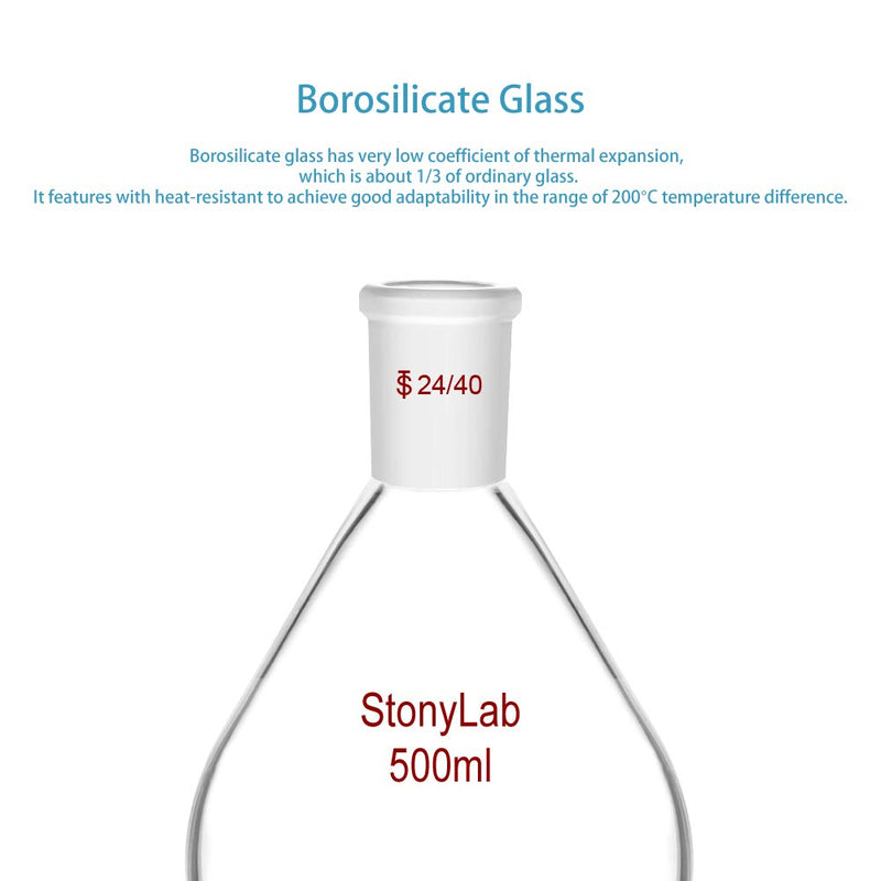 StonyLab Borosilicate Glass 500mL Heavy Wall Single Neck Recovery Flask Rotary Evaporator Flask, with 24/40 Outer Joint - 500mL 500 mL