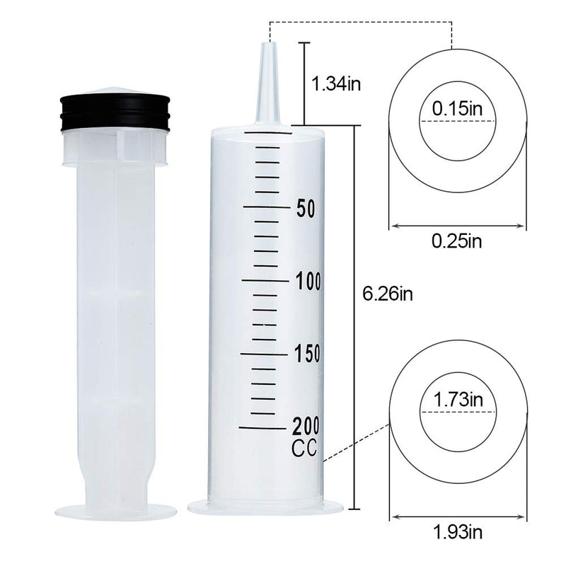2 Pack 200ml Large Plastic Syringes for Scientific Labs, Liquid Dispensing Metric, and Multiple Uses