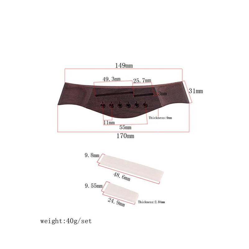 Alnicov 6 Strings Saddle Rosewood Thru Durable Bridge and Bone Saddle for Folk Acoustic Guitar