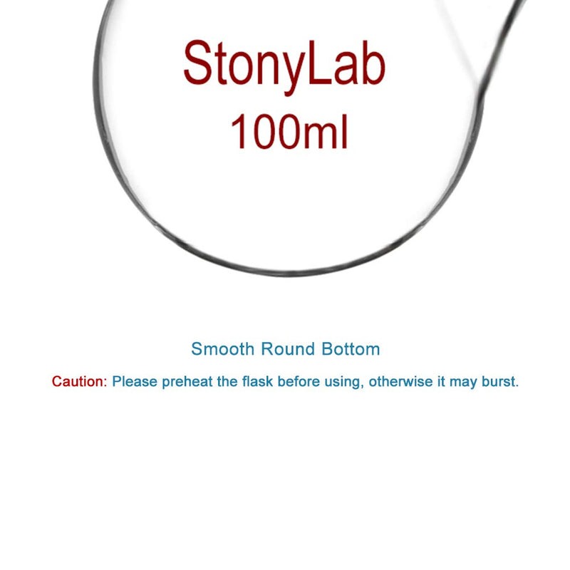 StonyLab Glass 100ml Heavy Wall 2 Neck Round Bottom Flask RBF, with 24/40 Center and Side Standard Taper Outer Joint - 100ml 100 ml