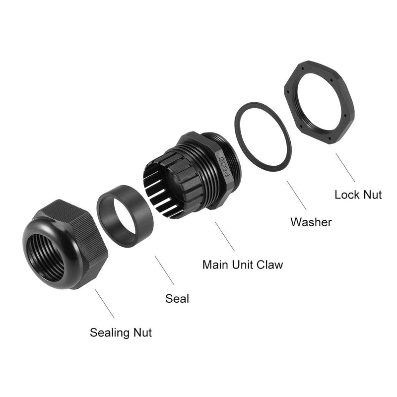 uxcell PG36 Cable Gland 22mm-32mm Wire Hole Waterproof Nylon Joint Adjustable Locknut with Washer Black 6pcs