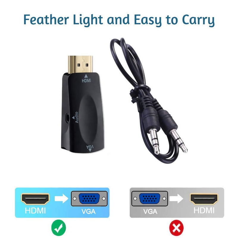 DT&C - HDMI to VGA Adapter + 1.5Ft 3.5mm Cable | HDMI to VGA Up to 1080P / 1200P Full HD @ 60Hz with Gold Plated Connectors | Black