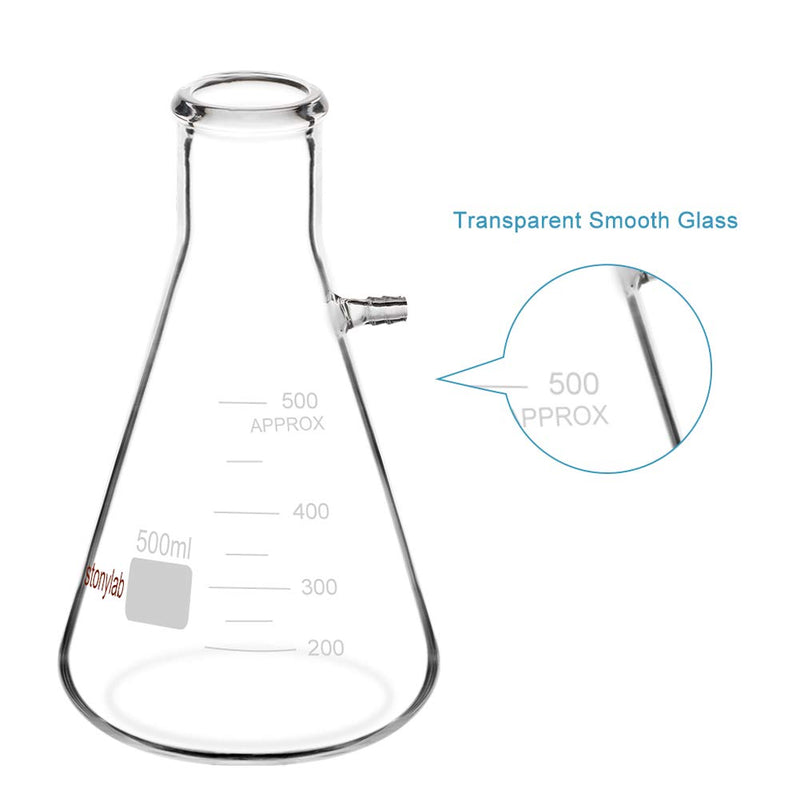 StonyLab Glass 500ml Heavy Wall Borosilicate Glass Filtering Flask, Bolt Neck with Tubulation, 500ml 500 ml