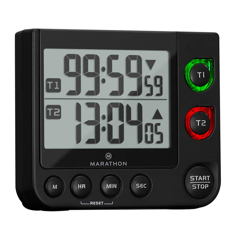 Marathon Dual Timer with Large Display, Countdown/Up, Blinking Alarm, Adjustable Sound, Magnetic Back and Stand, Batteries Included (Double Timer Black) Double Timer Black