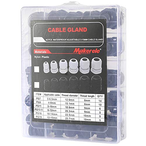 MAKERELE 45PCS Cable Gland Kit Plastic Waterproof Adjustable 3-15mm Cable Glands Joints,Black Black Cable gland kit