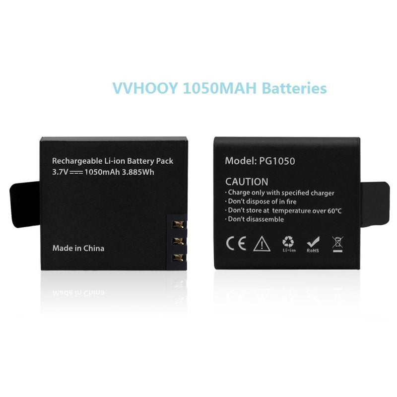 VVHOOY 3 PCS 1050mAh Rechargeable Action Camera Batteries and Dual Battery Charger Compatible with DBPOWER EX5000/AKASO EK5000 EK7000 Brave 4/ EKEN H9/ Dragon Touch Vision 3 4K Sports Action Camera