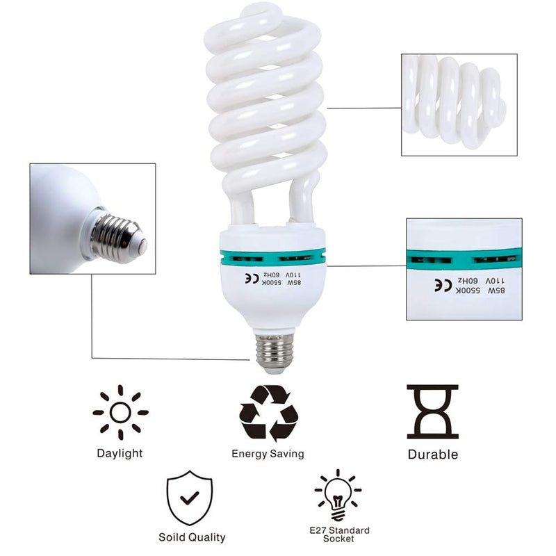 [AUSTRALIA] - Aqirui 2 x 85W Light Bulb 5500K CFL Daylight Spiral Softbox Bulb in E27 Socket for Photography Photo Video Studio Lighting 