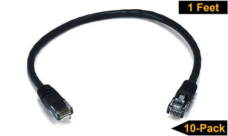 iMBAPrice 1' Cat5e Network Ethernet Patch Cable, 10 Pack, Black (IMBA-CAT5-01BK-10PK) 1 Feet