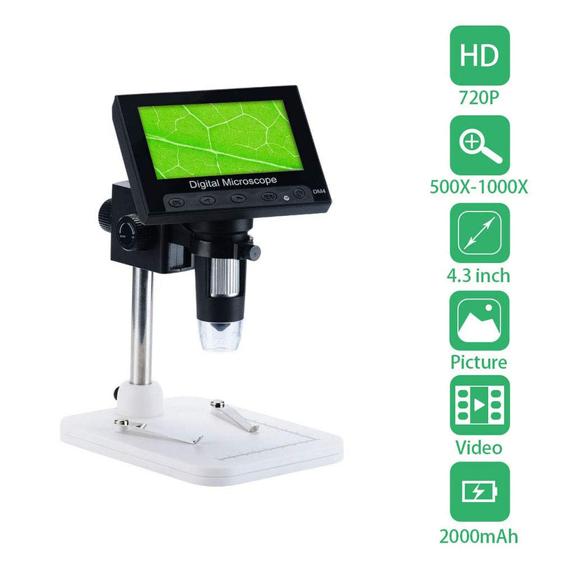 LCD Digital Microscope, Pevor 4.3 inch 500X-1000X Magnification USB Microscope Magnifier with 8 Adjustable LED Light Rechargeable Handled Microscope Camera for Children, Lab, Edu, Naturalist