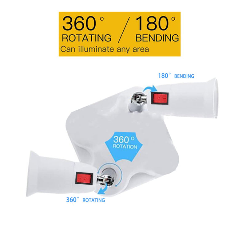CLWHJ-360 Degrees Adjustable-2 in 1 E26/E27 Splitter Socket Adapter. E26/E27 Standard LED Bulbs 360 Degrees Adjustable 180 Degree Bendable Max Watt 180W (2 in 1) 2 in 1