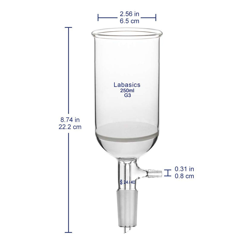 Labasics Borosilicate Glass Buchner Filtering Funnel with Fine Frit (G3), 65mm Inner Diameter, 100mm Depth, with 24/40 Standard Taper Inner Joint and Vacuum Serrated Tubulation (250ml) 250 ml