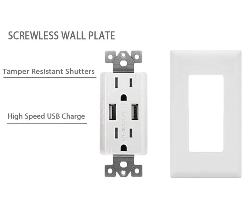 Outlet with USB High Speed Charger 4.2A Charging Capability,Duplex Receptacle 15 A, Tamper Resistant Wall socket USB Outlet,Child Proof Safety,Screwless Wall Plate,White (2 Pack) 2pack