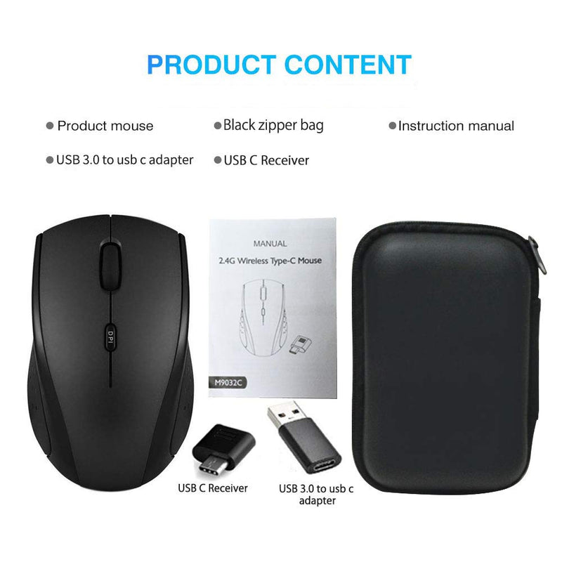 Type C Wireless Mouse, USB C Gaming Wireless Mice 2.4G Silent Ergonomic with 3 DPI Levels Compatible with Samsung Chromebook, Google Pixelbook, Dell, HP OMEN, More Device (Black) Black