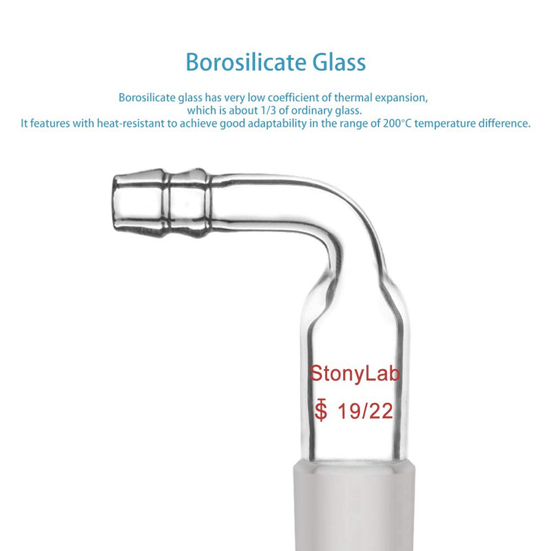 StonyLab Glass Bent Inlet Adapter With 19/22 Male Glass Joint and 10 mm Hose Connection Lab Glassware, 5 Packs