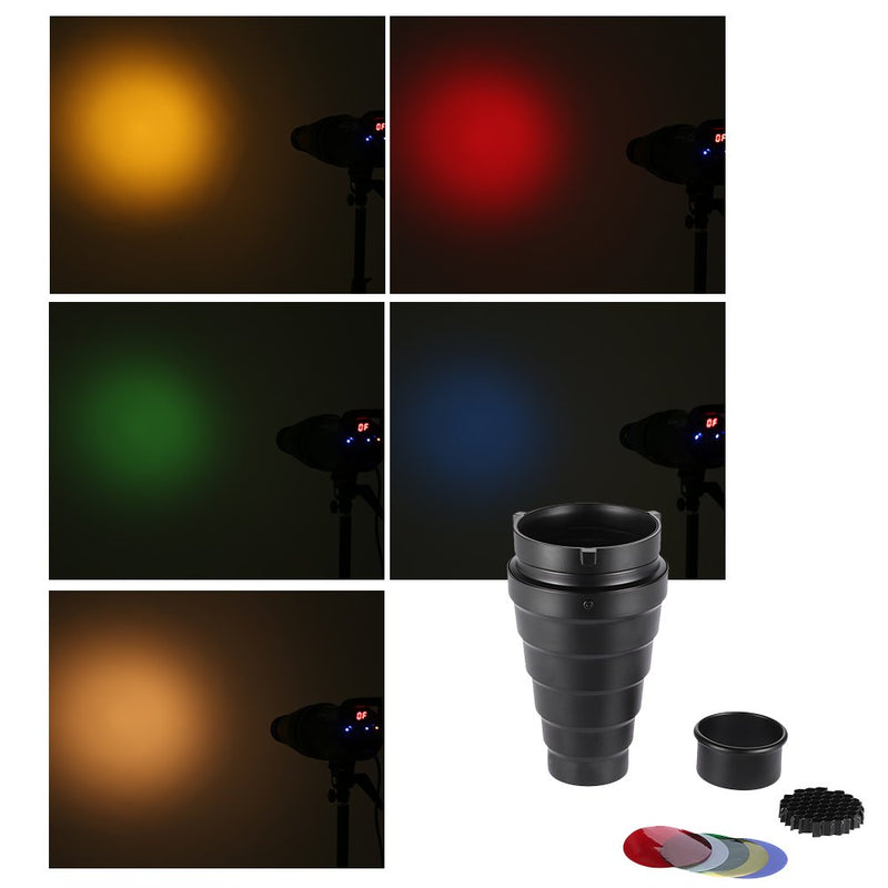 Andoer Metal Conical Snoot with Honeycomb Grid 5pcs Color Filter Kit for Bowens Mount Studio Strobe Monolight Photography Flash