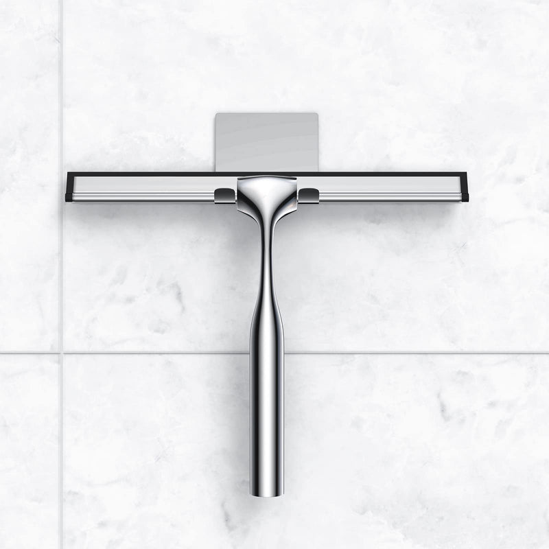 Shower Squeegee for Glass Door 12-Inch Stainless Steel Bathroom Squeegee Window Wiper, Includes Shower Door Hook, Adhesive Hook, and Spare Silicone Blade for Window Mirror Car All-Purpose Squeegee Silver