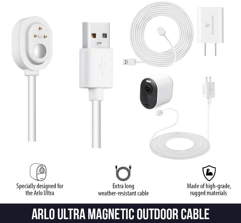 16ft/4.8m Weatherproof Outdoor Charging Cable with Quick Charge Adapter Compatible with Arlo Ultra/Ultra 2/Pro 3/Pro 4 (2 Pack, White) (NOT Compatible with Arlo Essential Spotlight)