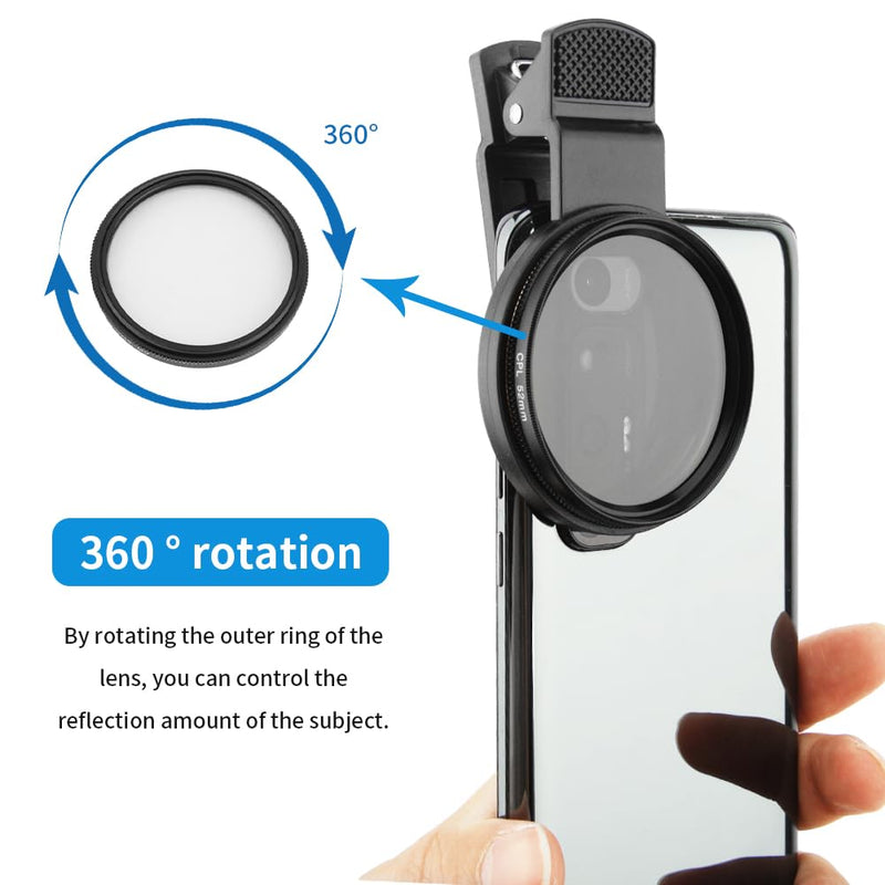 52mm Clip-on CPL Phone Camera Lens Filter, Universal CPL Phone Camera Lens Polarizer Clip-On Cellphone CPL Filter Compatible with iPhoneSamsung/Android Smartphones(Size:52mm) 52mm