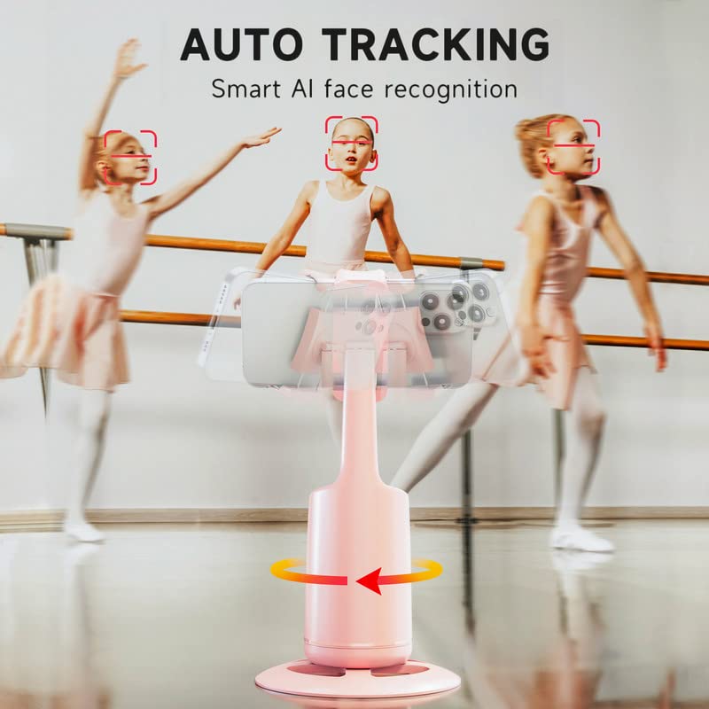Auto Face Tracking Tripod - 360° Rotation Auto Tracking Phone Holder, No App, Phone Camera Mount with Remote and Gesture Control, Rechargeable Smart Shooting Holder for Video Recording, Tiktok Pink