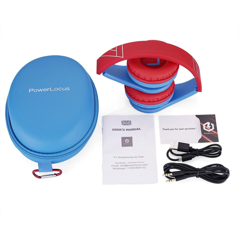 [AUSTRALIA] - Bluetooth Headphones for Kids, PowerLocus Wireless Foldable Headphones Over Ear, Headphone with Microphone, 85DB Volume Limit, Wireless and Wired Headset with Micro SD, FM for Cellphones, Tablets, PC Blue/Red 