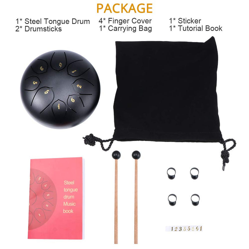 MITUTEN Steel Tongue Drum 8 Notes 6 Inches Chakra Tank Drum With bag, Music Score for Musical Education Yoga Meeting Office Home (Black) Black