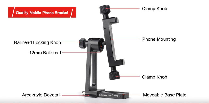 Sunwayfoto CPC-01 Arca / RRS Compatible Cell Phone Holder 56mm to 92mm / Mobile Phone Bracket Tripod Mount