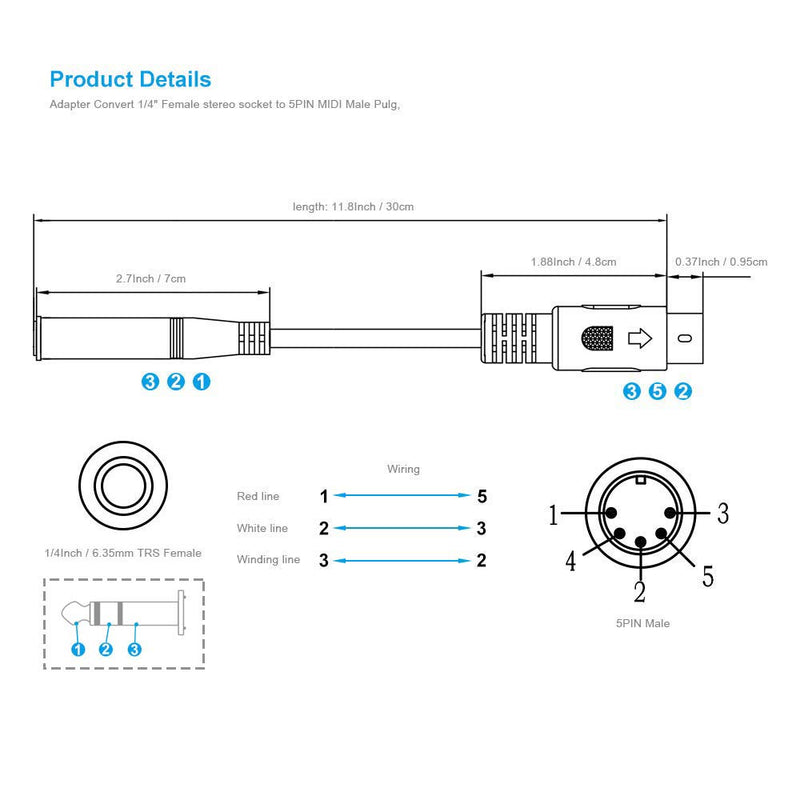 [AUSTRALIA] - NANYI 1/4" ( 6.35mm ) Female TRS to DIN 5 PIN MIDI Cable Adapter for Speaker, Amplifier Mixer to MIDI Keyboard Synthesizer and Guitar Connection 1FT / 30 CM 