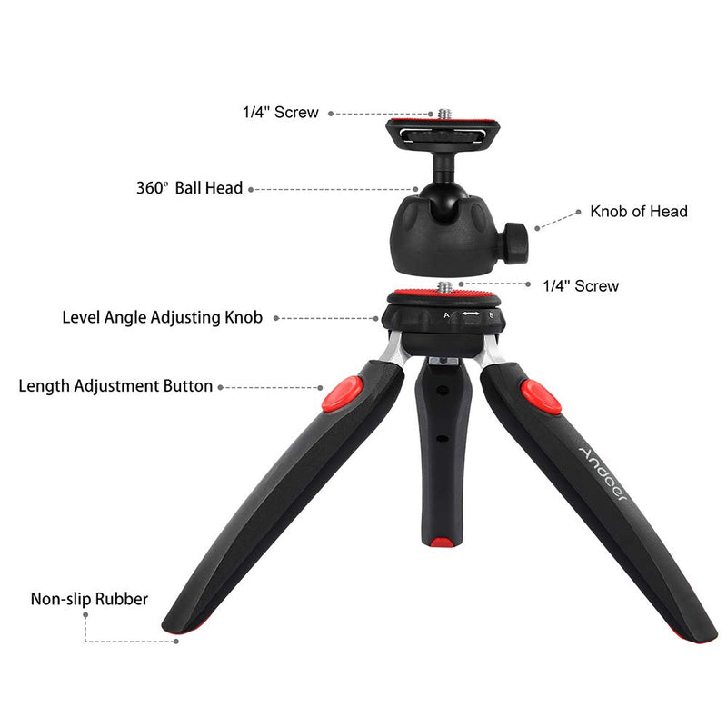 Andoer Mini Tabletop Tripod Phone Camera Tripod Removable Ball Head Portable Foldable with 1/4" Mounting Screw for DSLR/Mirrorless Cameras DV LED Video Light