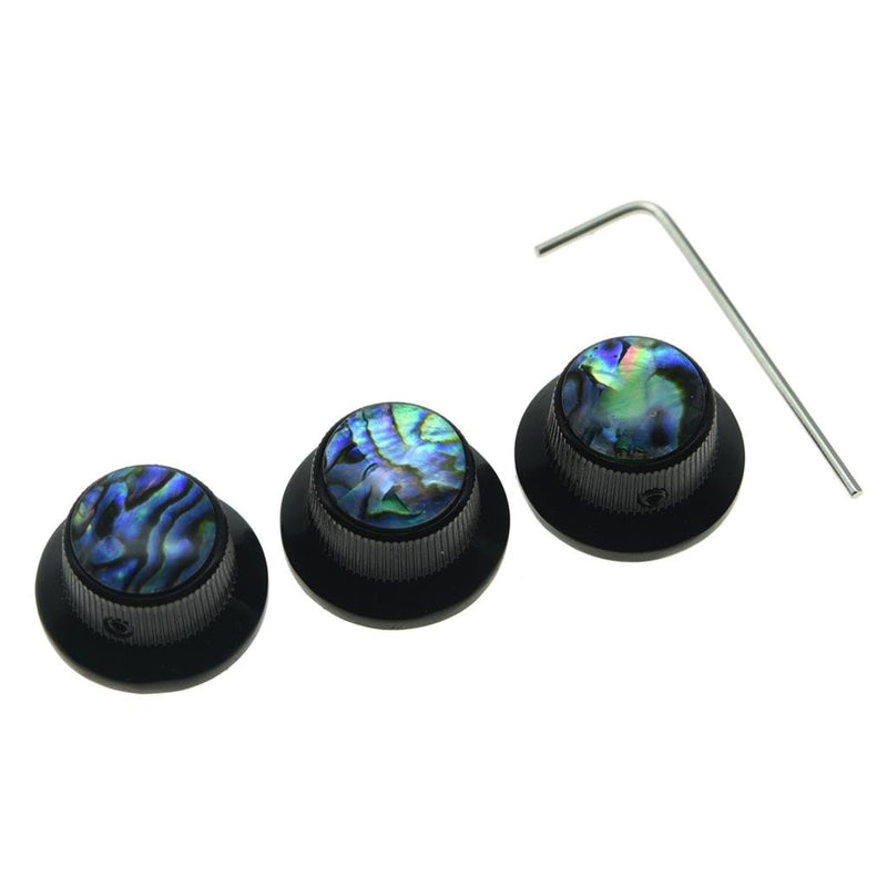 KAISH Set of 3 Set Screw Abalone Top Black Guitar Bass Knobs Strat Metal Knobs for 6mm Shaft Pots