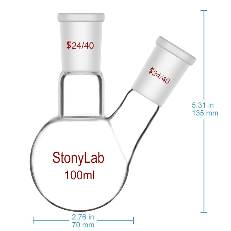 StonyLab Glass 100ml Heavy Wall 2 Neck Round Bottom Flask RBF, with 24/40 Center and Side Standard Taper Outer Joint - 100ml 100 ml