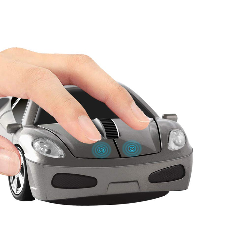 Wireless Mouse 2.4GHz Cool Sport Car Shape Wireless Mouse Optical Cordless Mice with USB Receiver for PC Laptop Computer 1600 DPI 3 Buttons (Gray) Grey