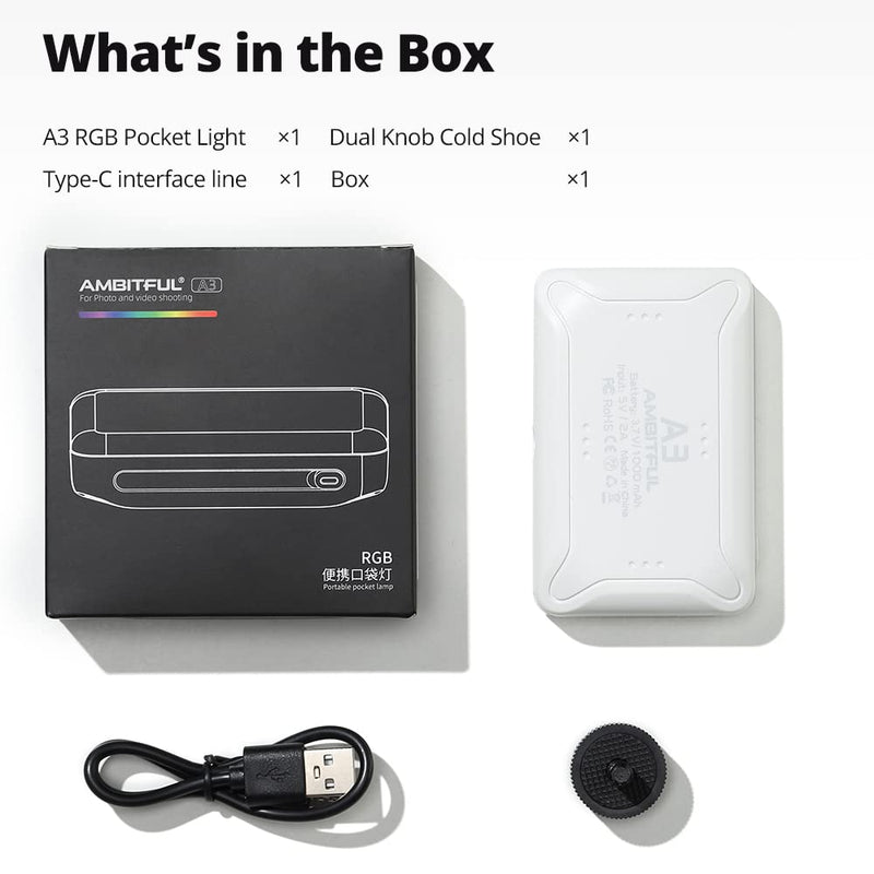 [AUSTRALIA] - AMBITFUL A3 Full Color RGB LED Mini Light, Built-in FX Effects,350LX(0.5M,5500K) RA/95 TLCI/97,2800-6800K LED Video Light Panel with Mobile APP Control (White) White 