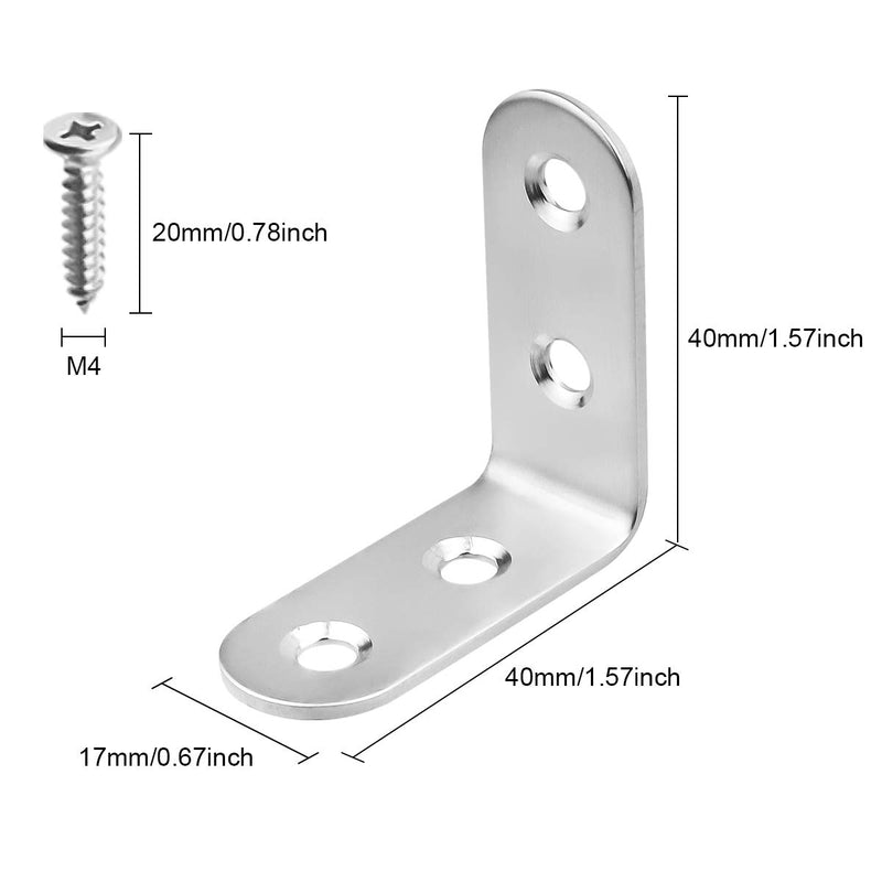 TOPPROS Pack of 30 Stainless Steel Corner Braces,1.6 x 1.6 inch，40 x 40 mm, Joint Right Angle Bracket Fastener L Shaped Corner Fastener Joints Support Bracket, 120 Pieces Screws Included