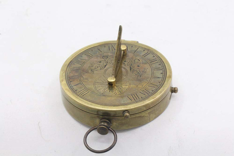Solid Brass Sundial Compass with Leather Case/Vintage Burnished Brass Compass with Leather Box/Directional Magnetic Compass for Navigation/Sundial Pocket Compass for Camping, Hiking, Touring …