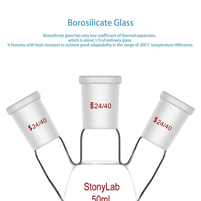 StonyLab Glass 50ml Heavy Wall 3 Neck Round Bottom Flask RBF, with 24/40 Center and Side Standard Taper Outer Joint – 50ml 50 ml