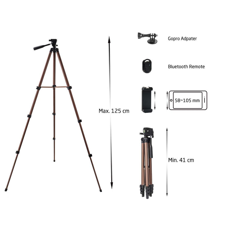 Phinistec 50" Phone Tripod Stand for Smartphone, Camera, iPhone, Webcam, Gopro with Universal Cell Phone Mount, Bluetooth Remote, Gopro Adapter and Bag (Matte Brown) 50"-Coffee