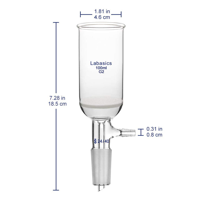 Labasics Borosilicate Glass Buchner Filtering Funnel 100ml with Medium Frit (G2), 46mm Inner Diameter, 80mm Depth, with 24/40 Standard Taper Inner Joint and Vacuum Serrated Tubulation (100ml) 100 ml