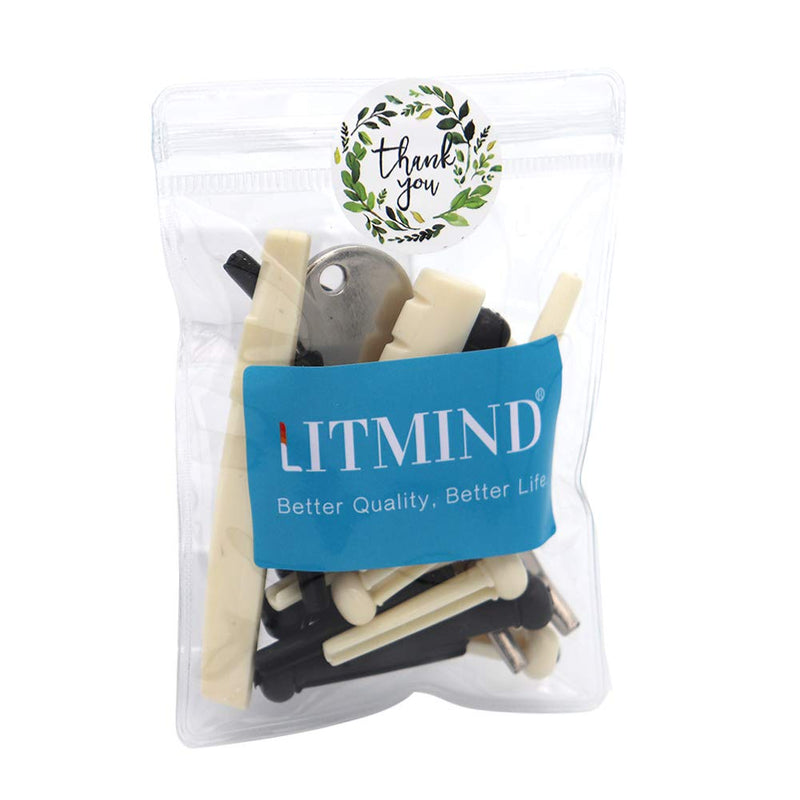 LITMIND 24PCS Plastic Acoustic Guitar Bridge Pins Pegs with Guitar Saddle Nut and Guitar Pins Puller, Ivory & Black